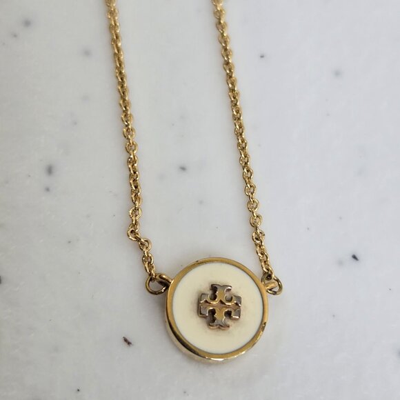 Tory Burch Kira Enamel Pendant Necklace White Gold Tone 18K Gold Plated Logo - Picture 1 of 13